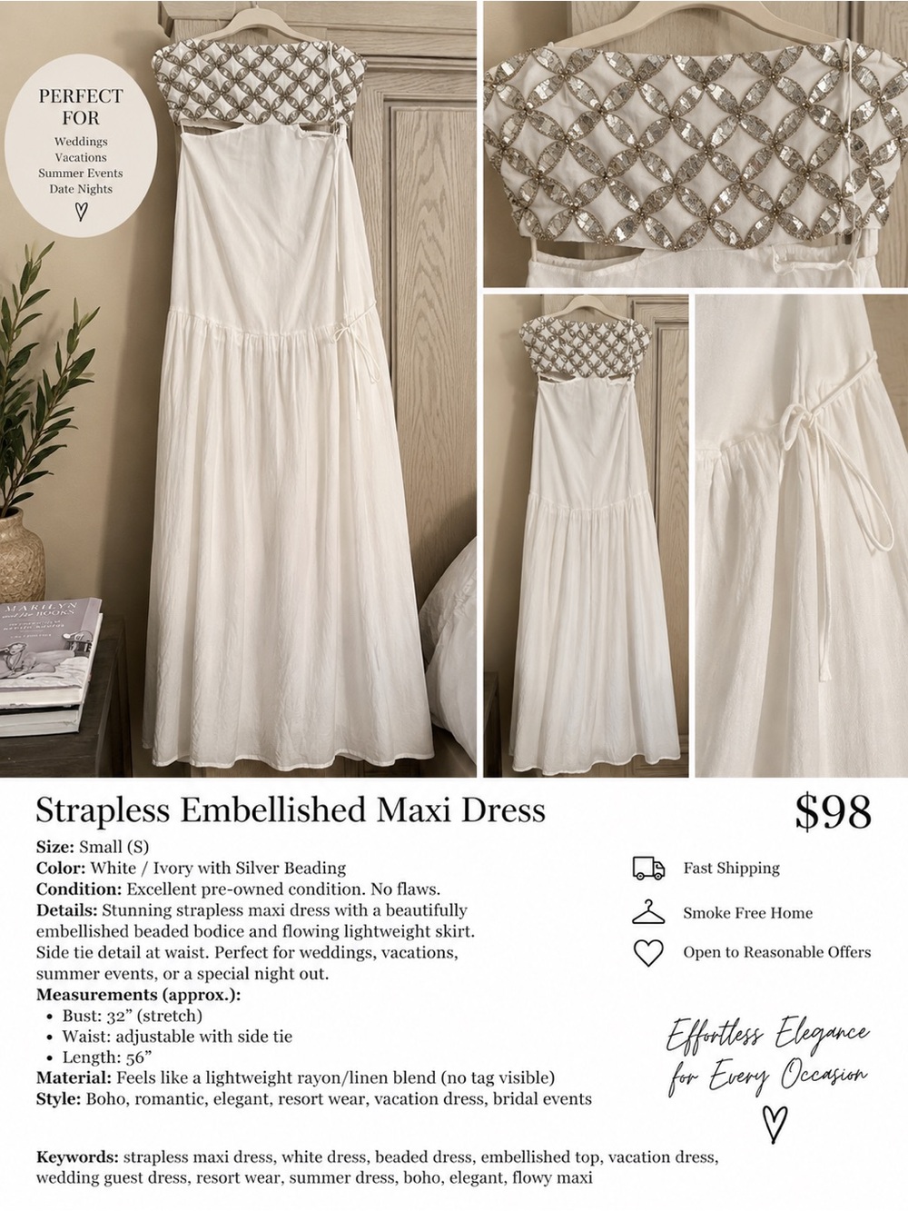 Ivory Strapless Maxi Dress with Silver Embellished Bodice